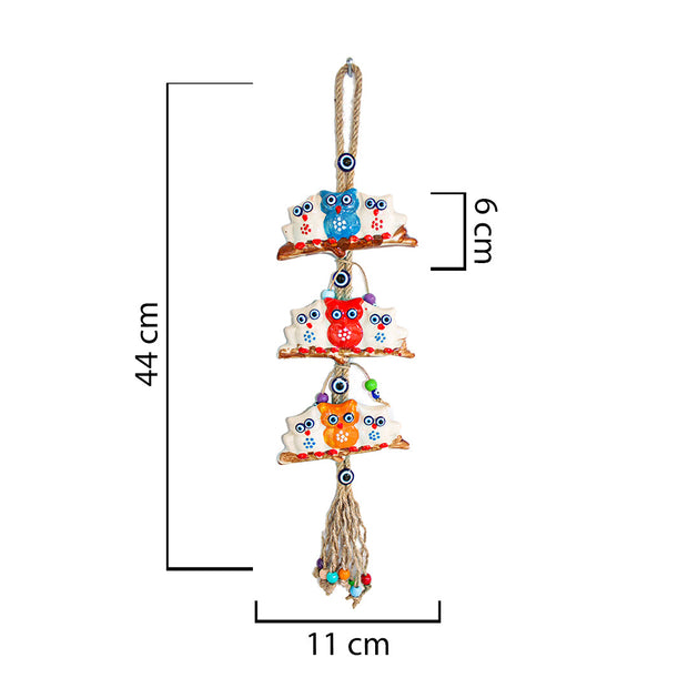 Ceramic Wall Decoration with Hanging Owl Trio, Multicolour-1