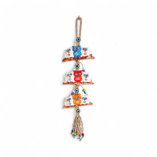 Ceramic Wall Decoration with Hanging Owl Trio, Multicolour-0