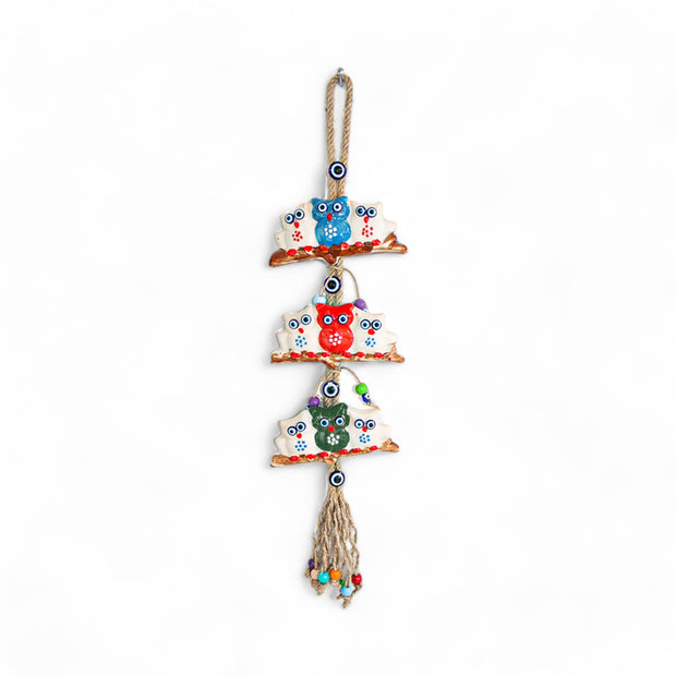 Ceramic Wall Decoration with Hanging Owl Trio, Multicolour-2
