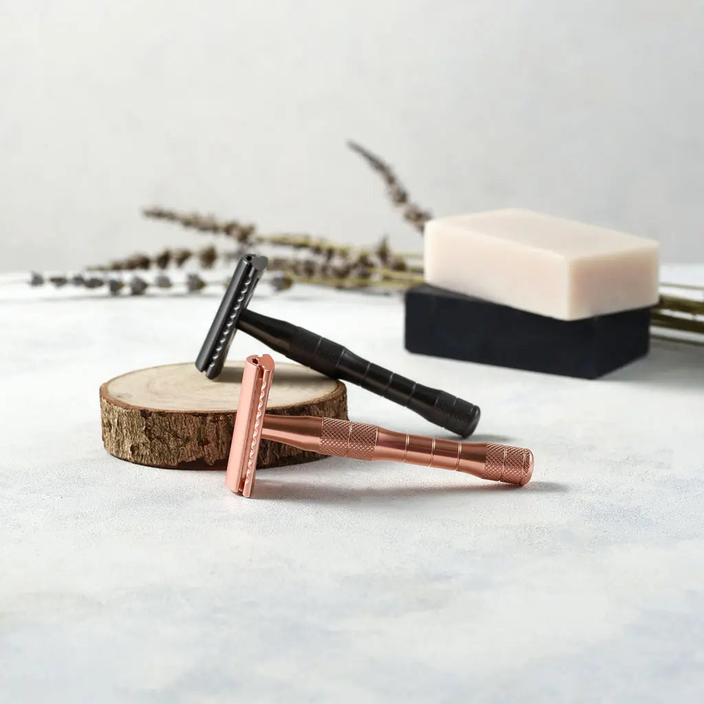 Rose Gold or Black Reusable Safety Razors w/ Natural Jute Travel Bag-4