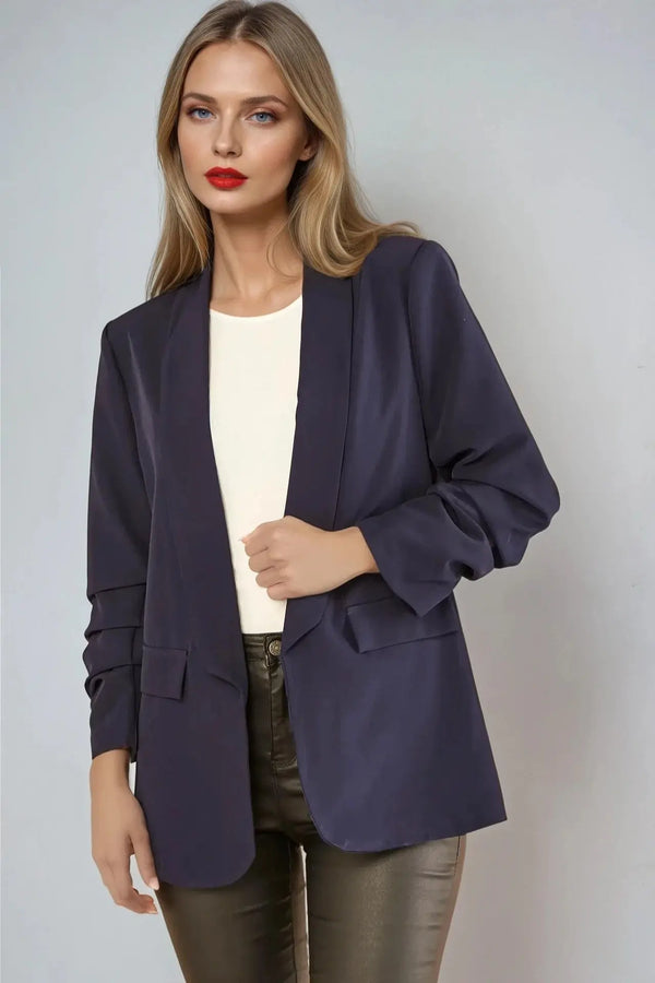 Navy Blazer with Ruched Sleeves-0