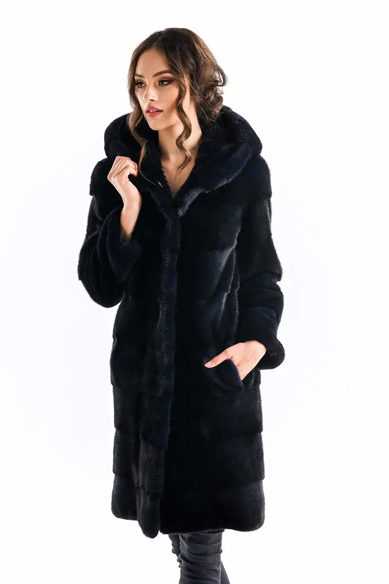 Navy Blue Genuine Mink Fur Hooded Maxi Coat-0