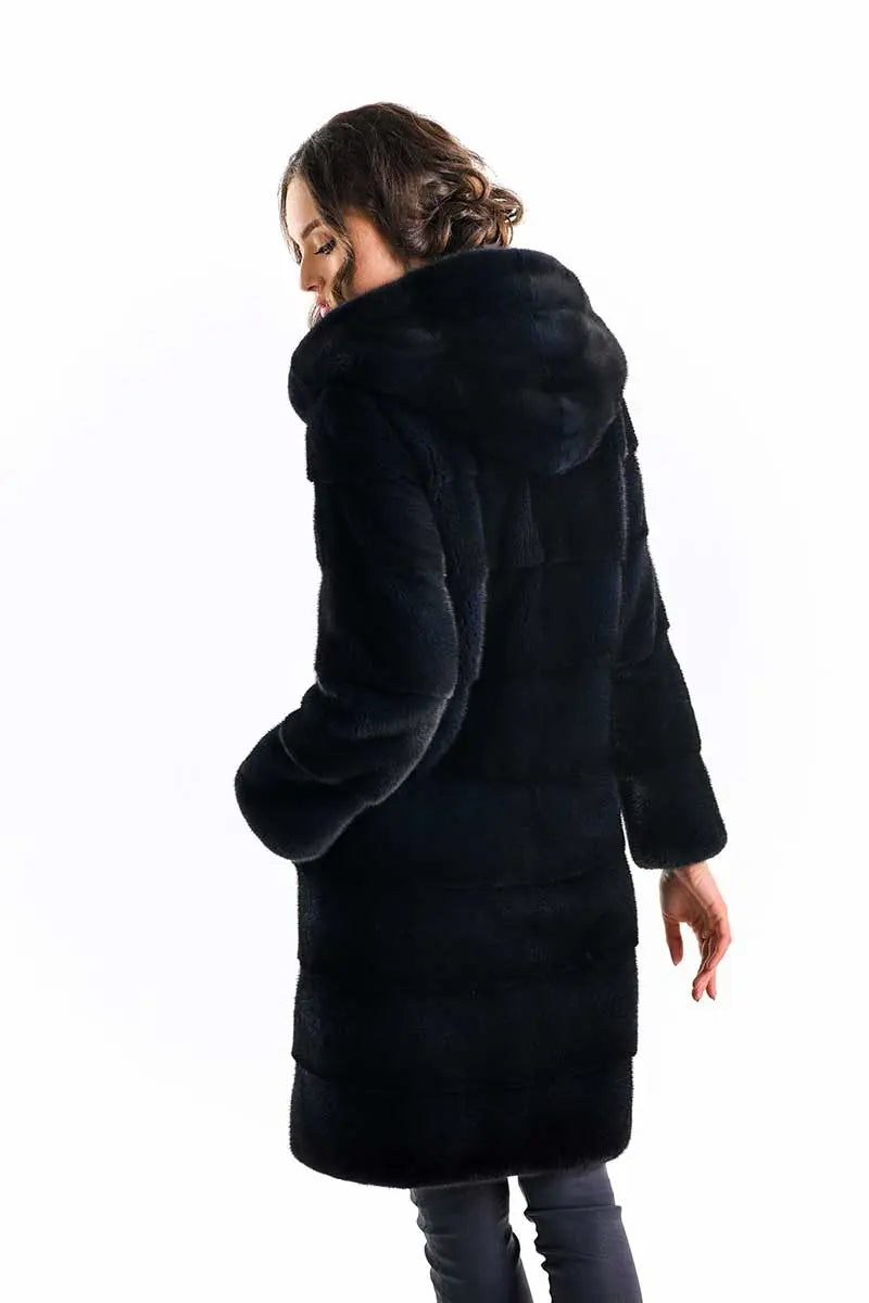 Navy Blue Genuine Mink Fur Hooded Maxi Coat-1