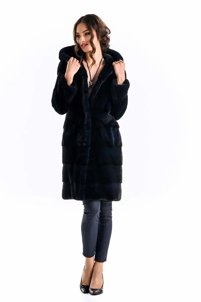 Navy Blue Genuine Mink Fur Hooded Maxi Coat-2