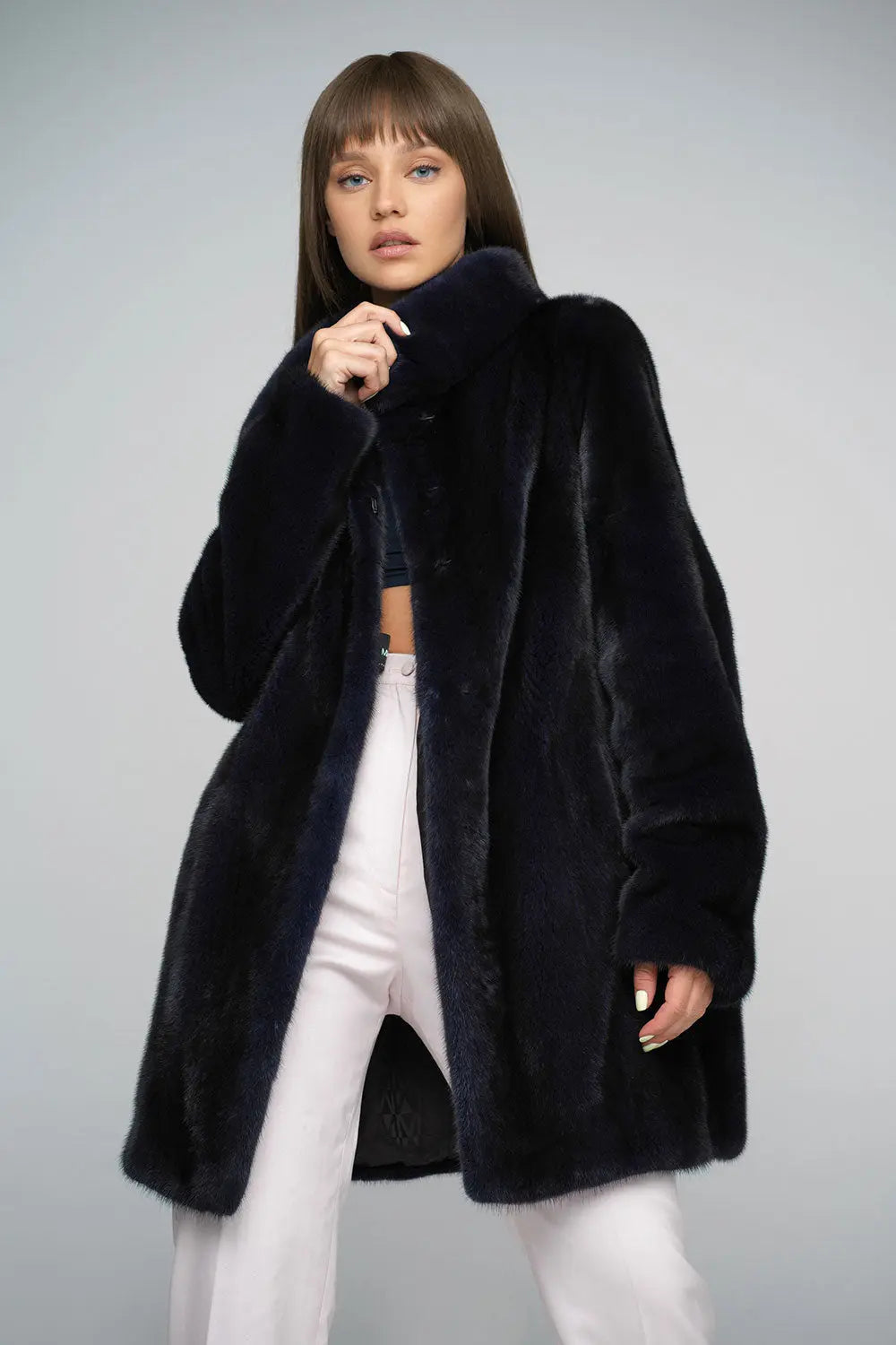 Navy Blue Genuine Mink Fur Midi Coat-0