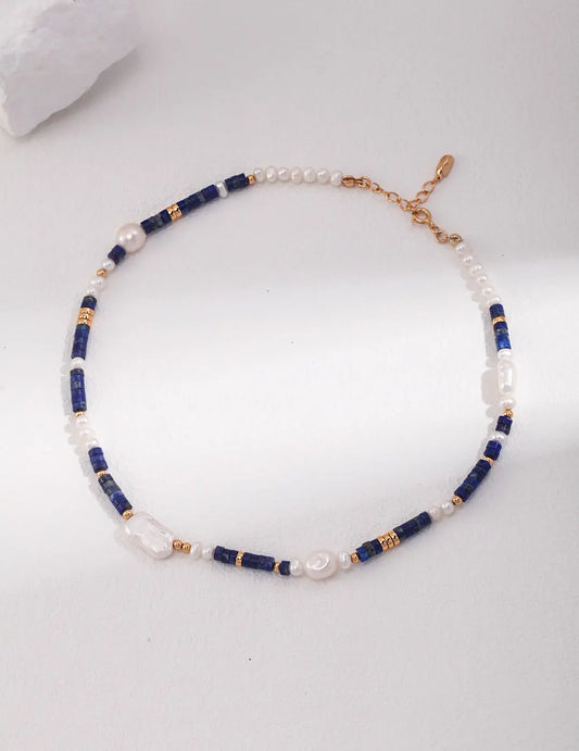 Navy Blue Lapis Lazuli Beads with Baroque Pearls Necklace-0