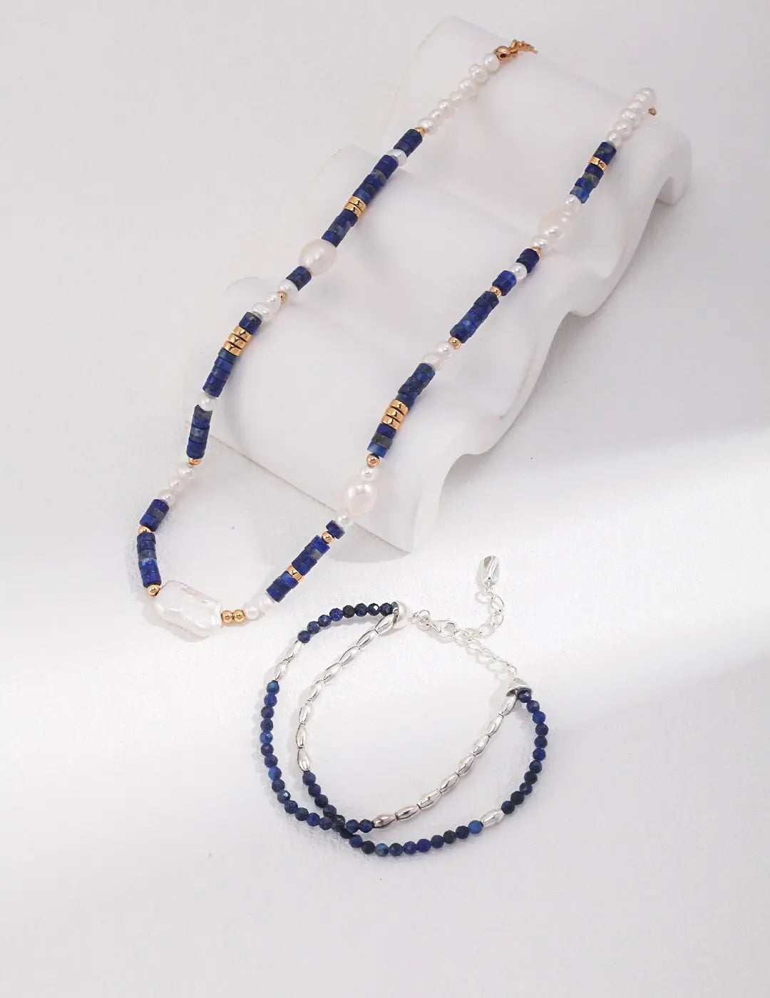 Navy Blue Lapis Lazuli Beads with Baroque Pearls Necklace-1