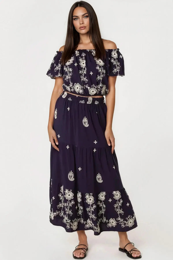 Navy Flower Embroidered Bardot Top & Maxi Skirt Co‑Ord Set-0