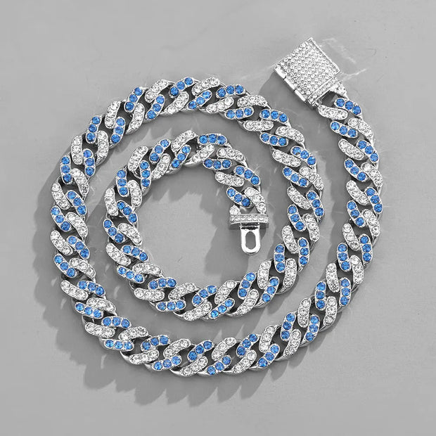 Necklace Hip Hop 11mm Box Buckle Miami Heavy Industry Cuba Chain Mixed Color Black And Blue Hip Hop Men's Necklace - Memoriex 