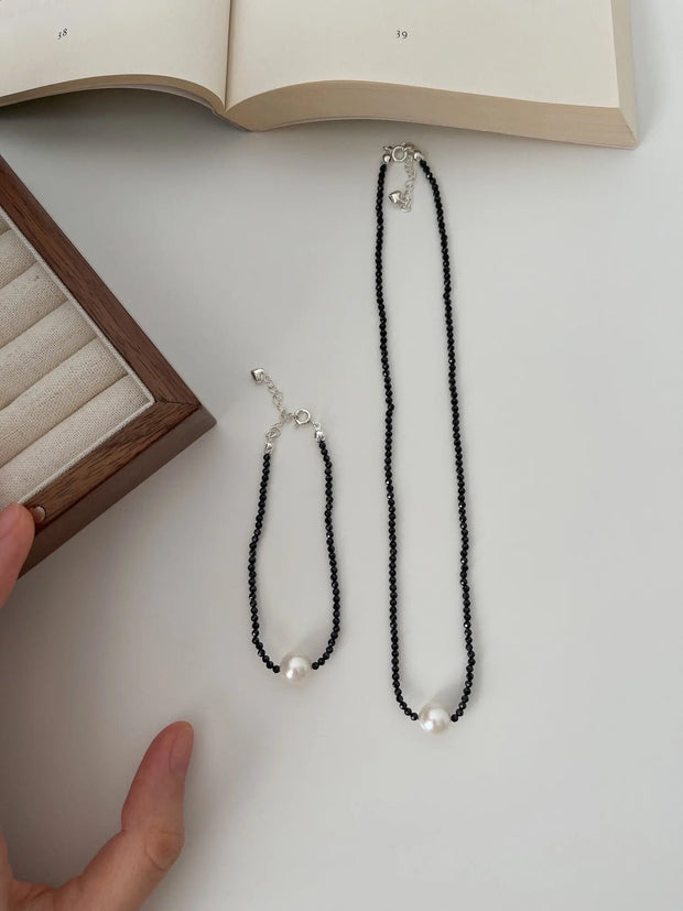 Black Spinel Beaded Pearl Bracelet / Necklace-2