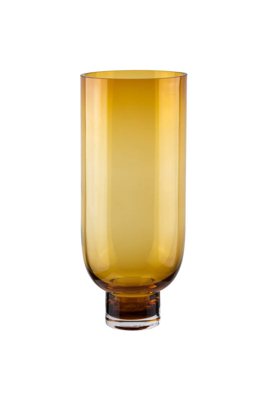 Sober modern tall glass vase, cylindrical shape on a solid base, warm dark orange, OMAHA18AM-0