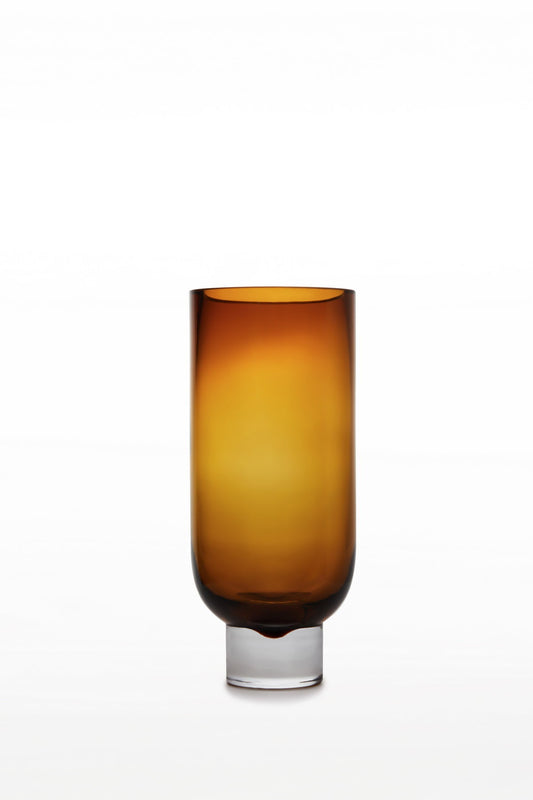 Modern luxuru cylindric vase on solid base, sober design, amber color, OMA28AM-0