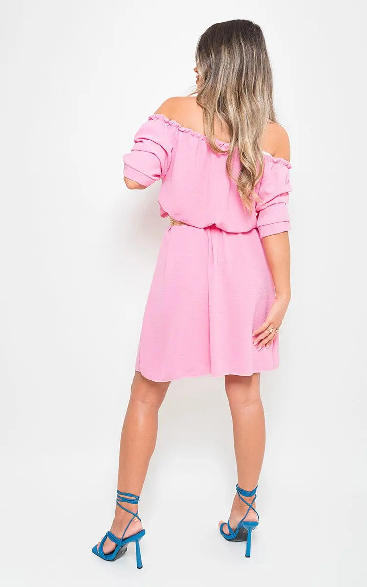 Off Shoulder Belted Mini Dress-3