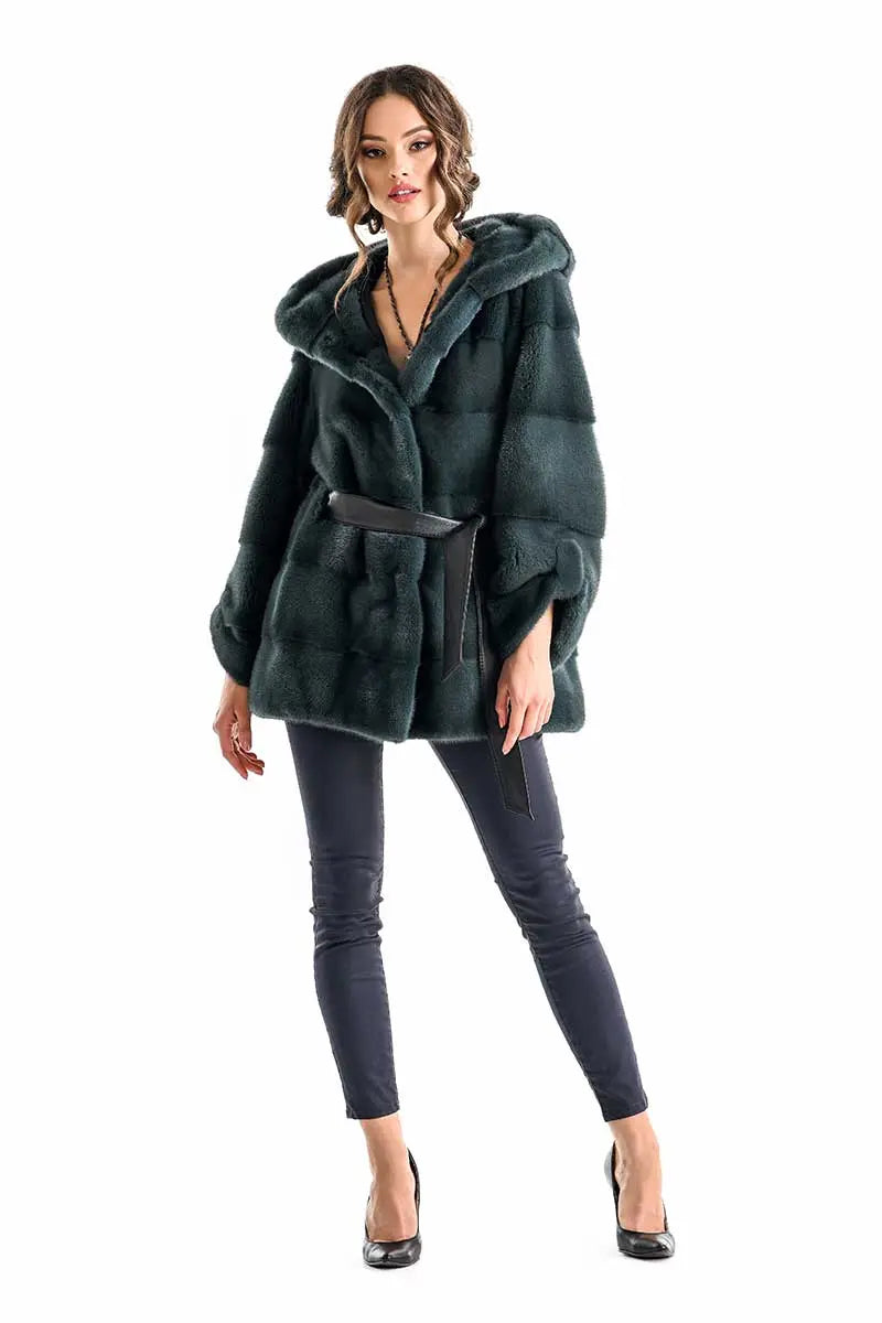 Olive Elegant Genuine Mink Fur Hooded Coat-2