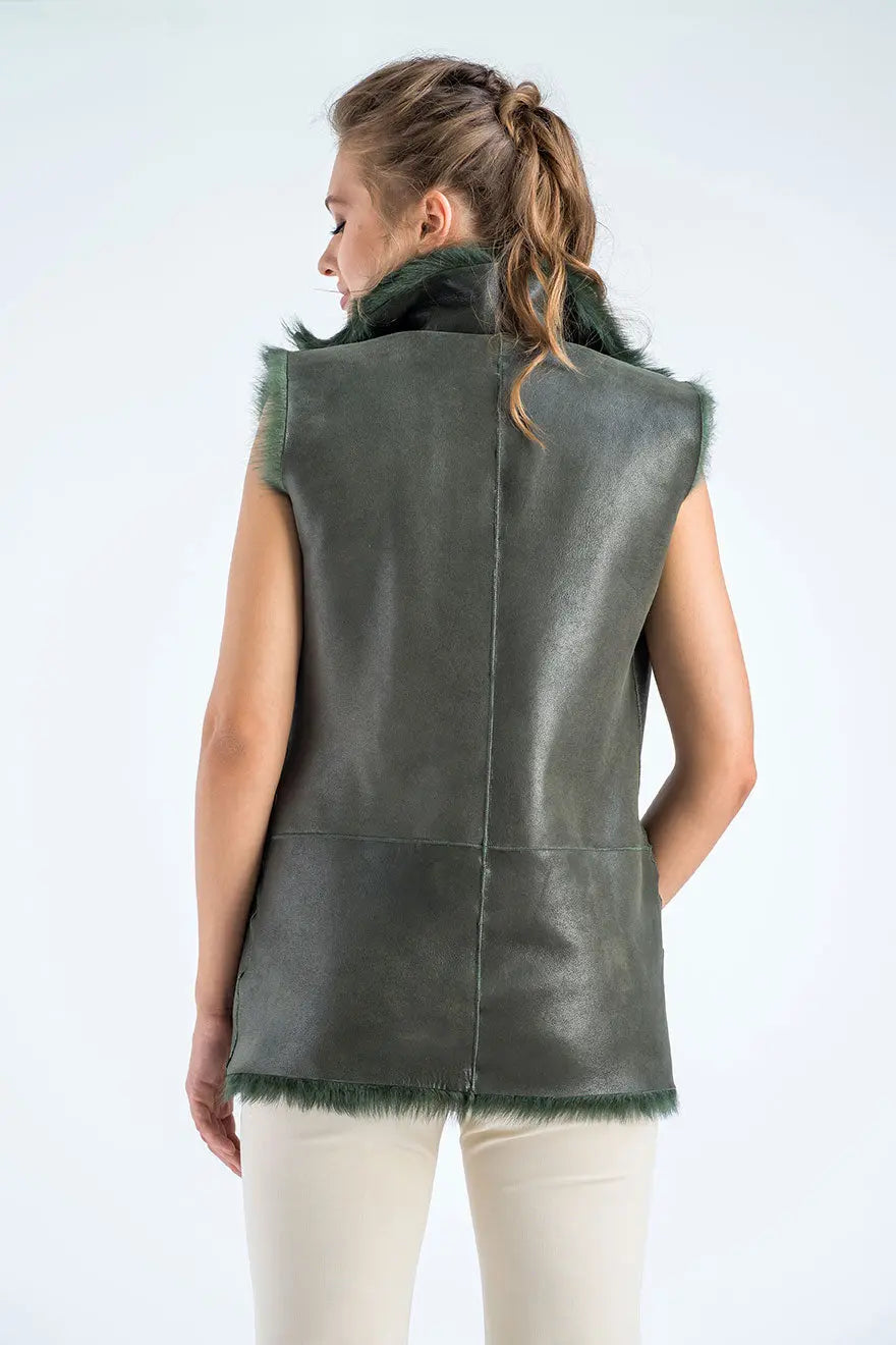 Olive Geniune Reversible Sheepskin Fur Vest-3