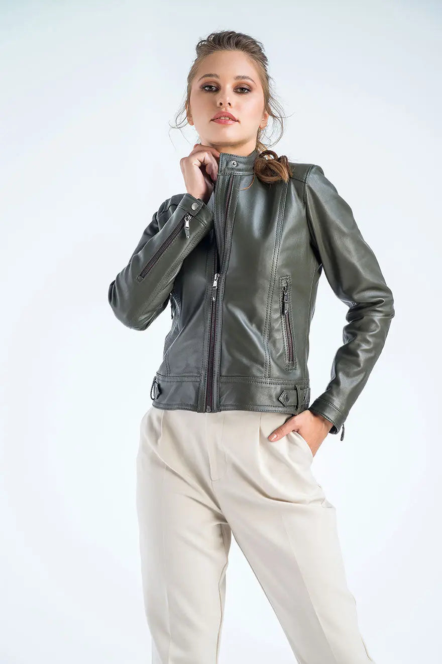 Olive Genuine Cropped Leather Jacket-0