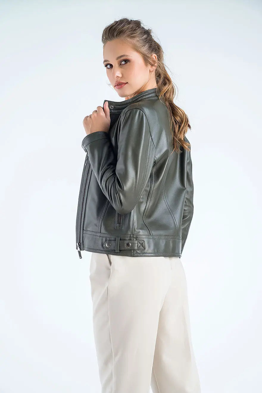 Olive Genuine Cropped Leather Jacket-5