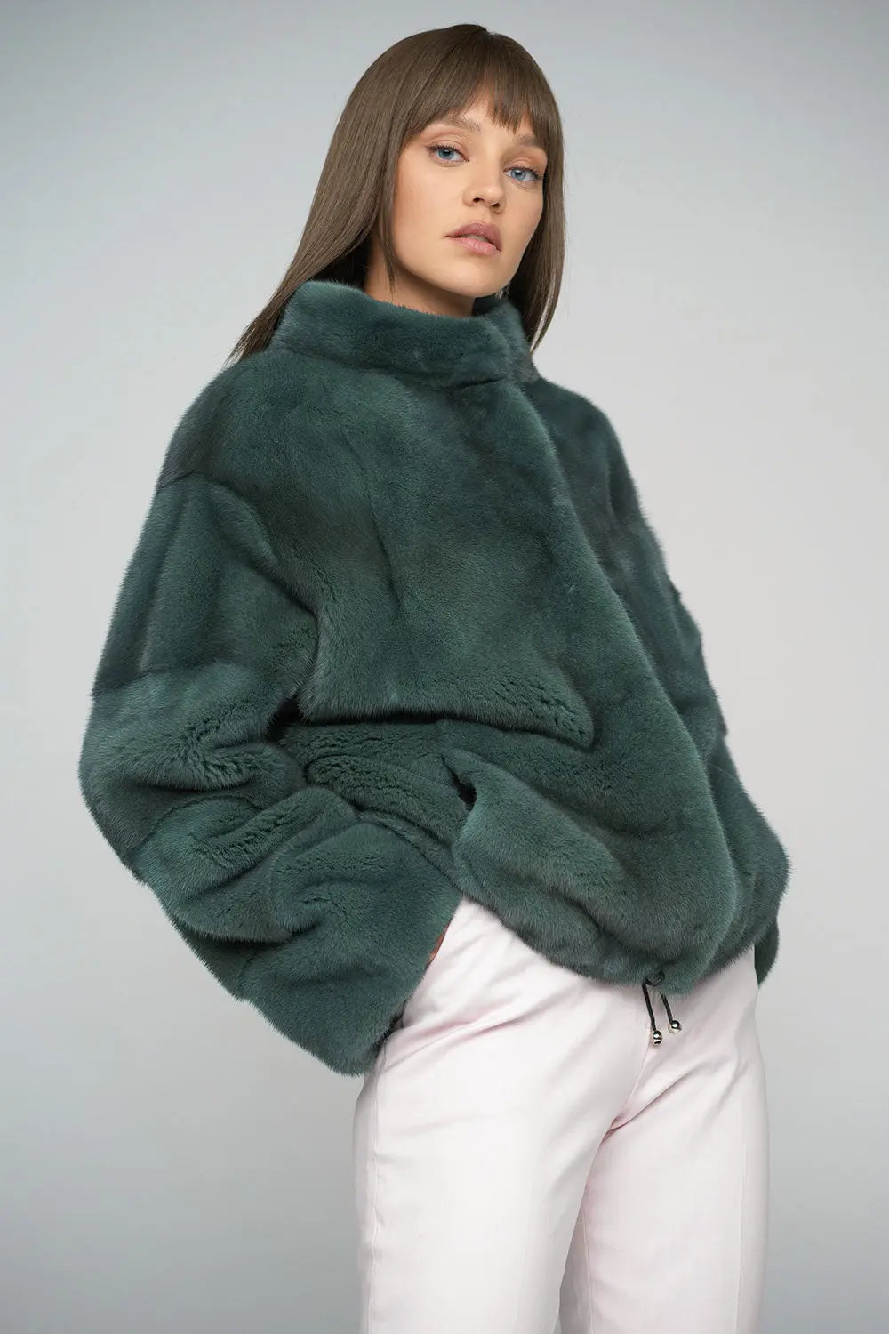 Olive Genuine Mink Fur Coat-0