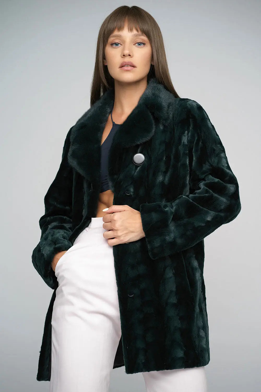 Olive Genuine Mink Fur Midi Coat-2