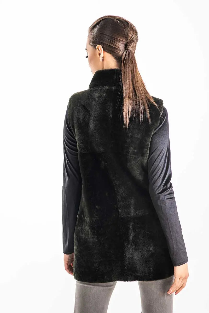 Olive Reversible Geniune Nappa Lamb Leather Mouton Fur Vest-1