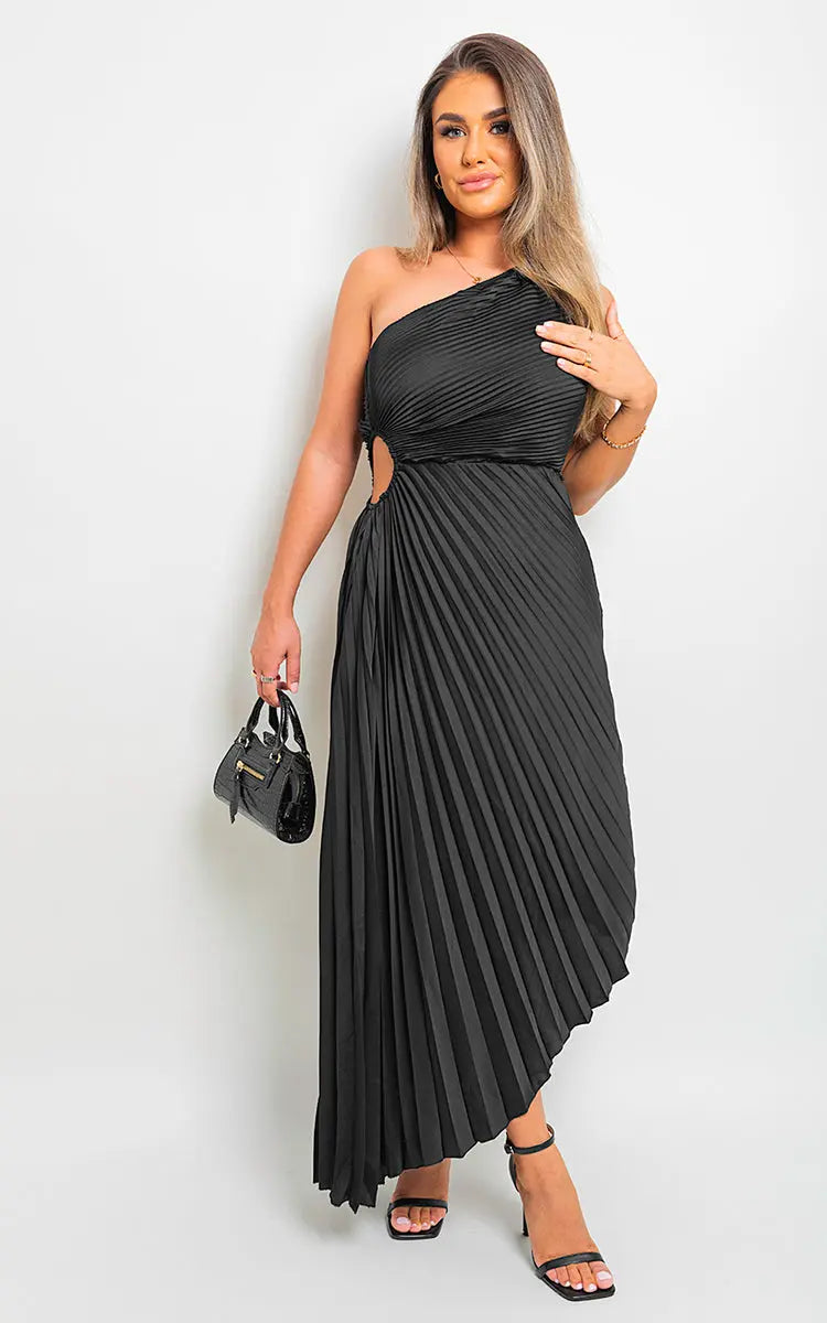 One Shoulder Cut Out Pleated Party Dress-4