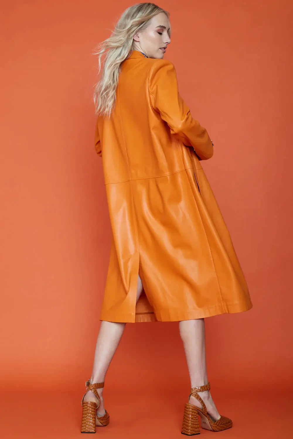 Orange Eco Leather Trench Coat-2