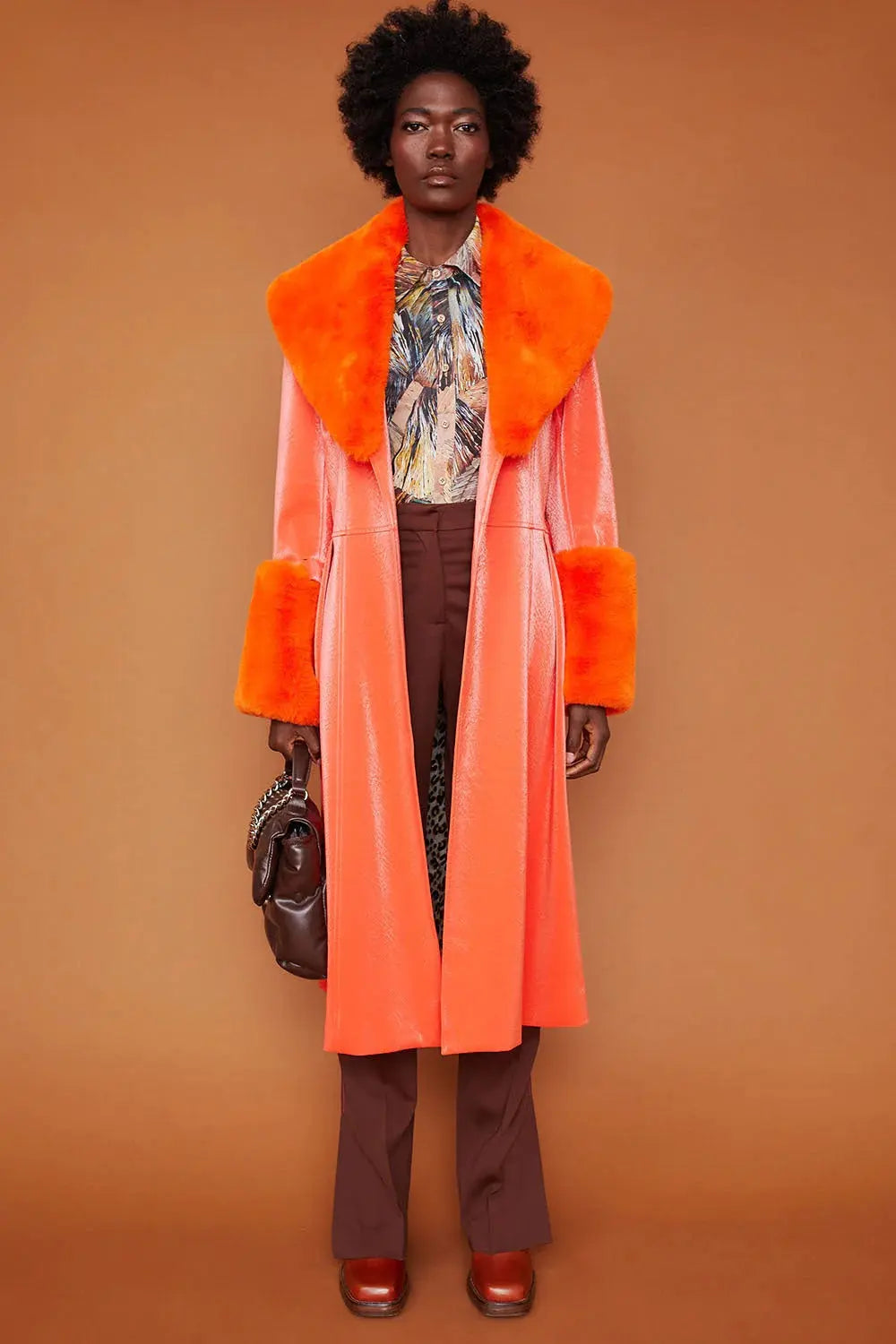 Orange Faux Suede Trench Coat with Faux Fur Collar and Cuffs-0