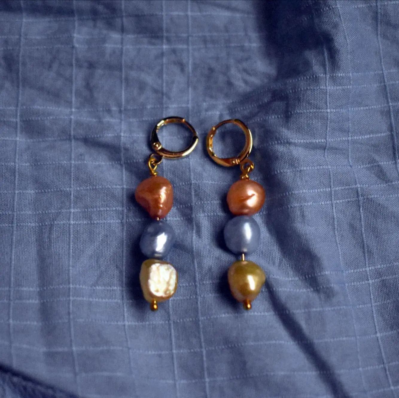 Orange Gold Blue Trio freshwater pearl earrings - Memoriex