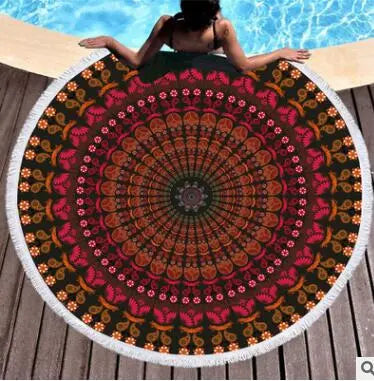 Orange Mandala Tassel Tapestry Floral Round Beach Towel Boho Toalla Sunblock Blanket Bohemian Flower Yoga Mat - Memoriex 