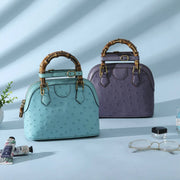 Ostrich Leather  Mini Shell  Bag Bamboo Handle Top Handle Cross Body Handbag-0