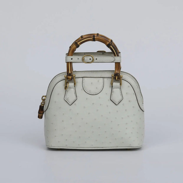 Ostrich Leather  Mini Shell  Bag Bamboo Handle Top Handle Cross Body Handbag-4