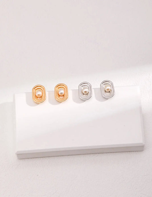 Oval Hollow Pearl Stud Earrings-0