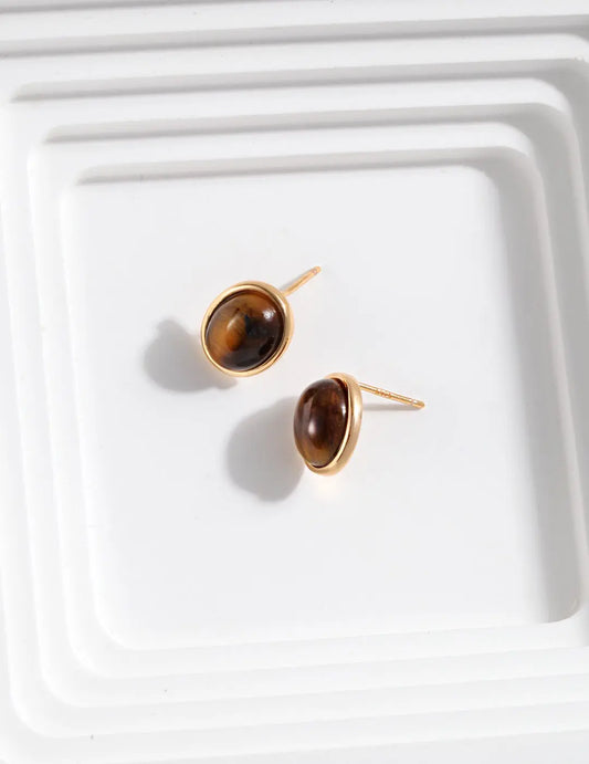 Oval Tiger Eye Stone Stud Earrings-0