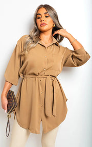 Oversized Button Front Belted Top-0
