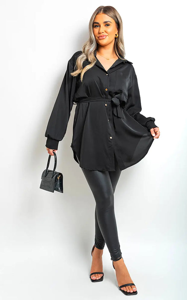 Oversized Button Front Belted Top-5