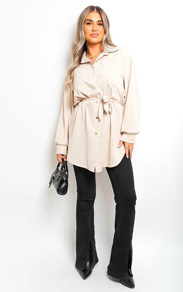 Oversized Button Front Belted Top-7