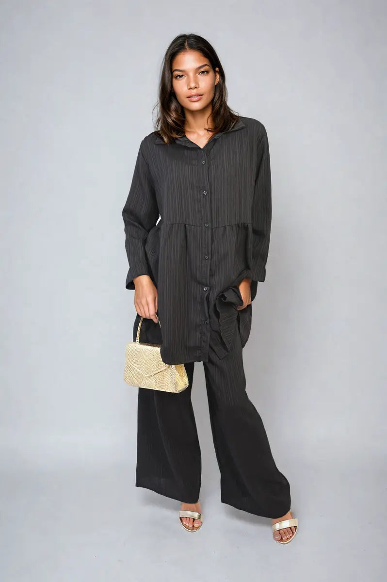 Oversized Collared Button Down Long Sleeve Top and Trouser Co-ord Set-1