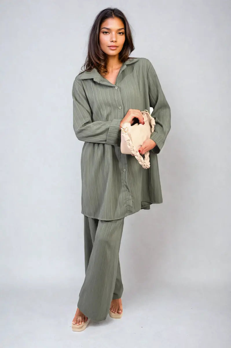 Oversized Collared Button Down Long Sleeve Top and Trouser Co-ord Set-3