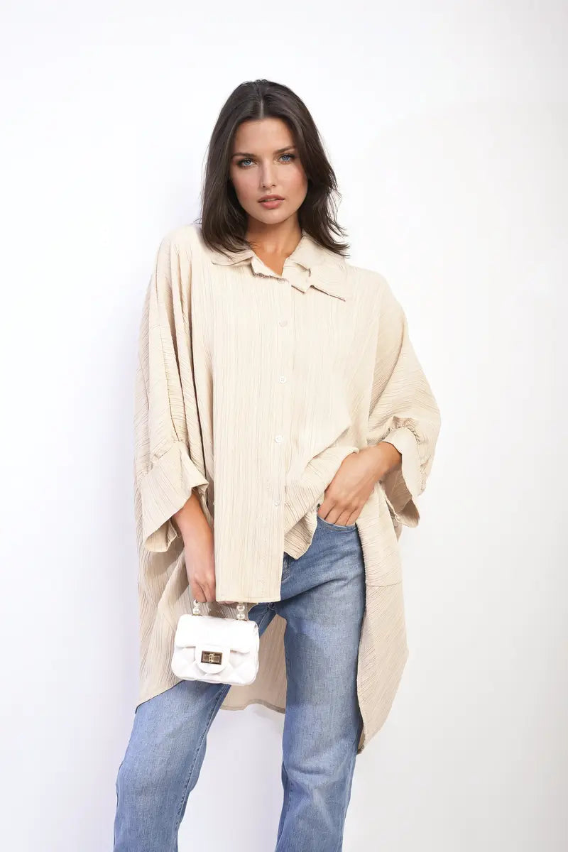 Oversized Long Sleeve Button Front Top - Memoriex 