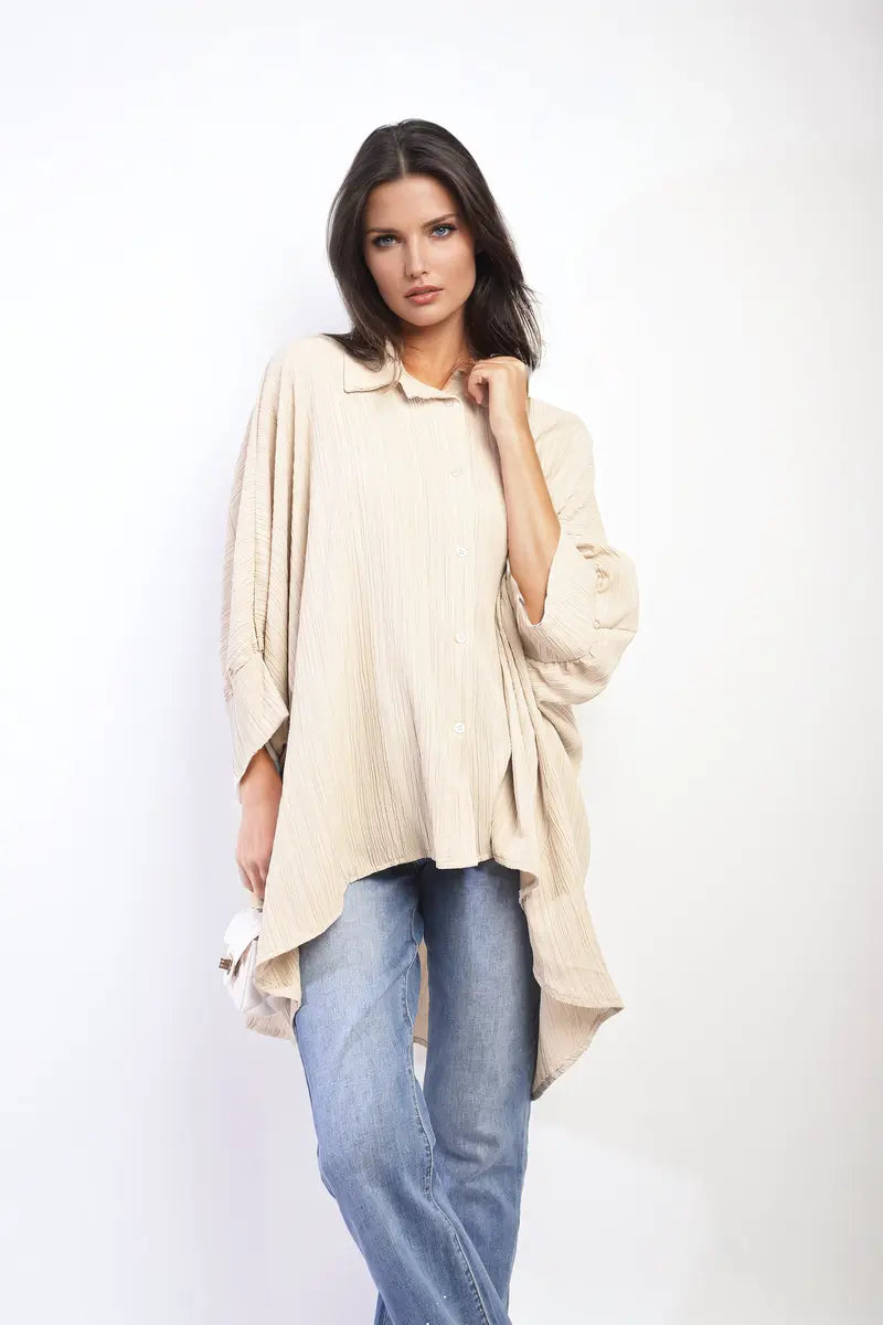 Oversized Long Sleeve Button Front Top - Memoriex 