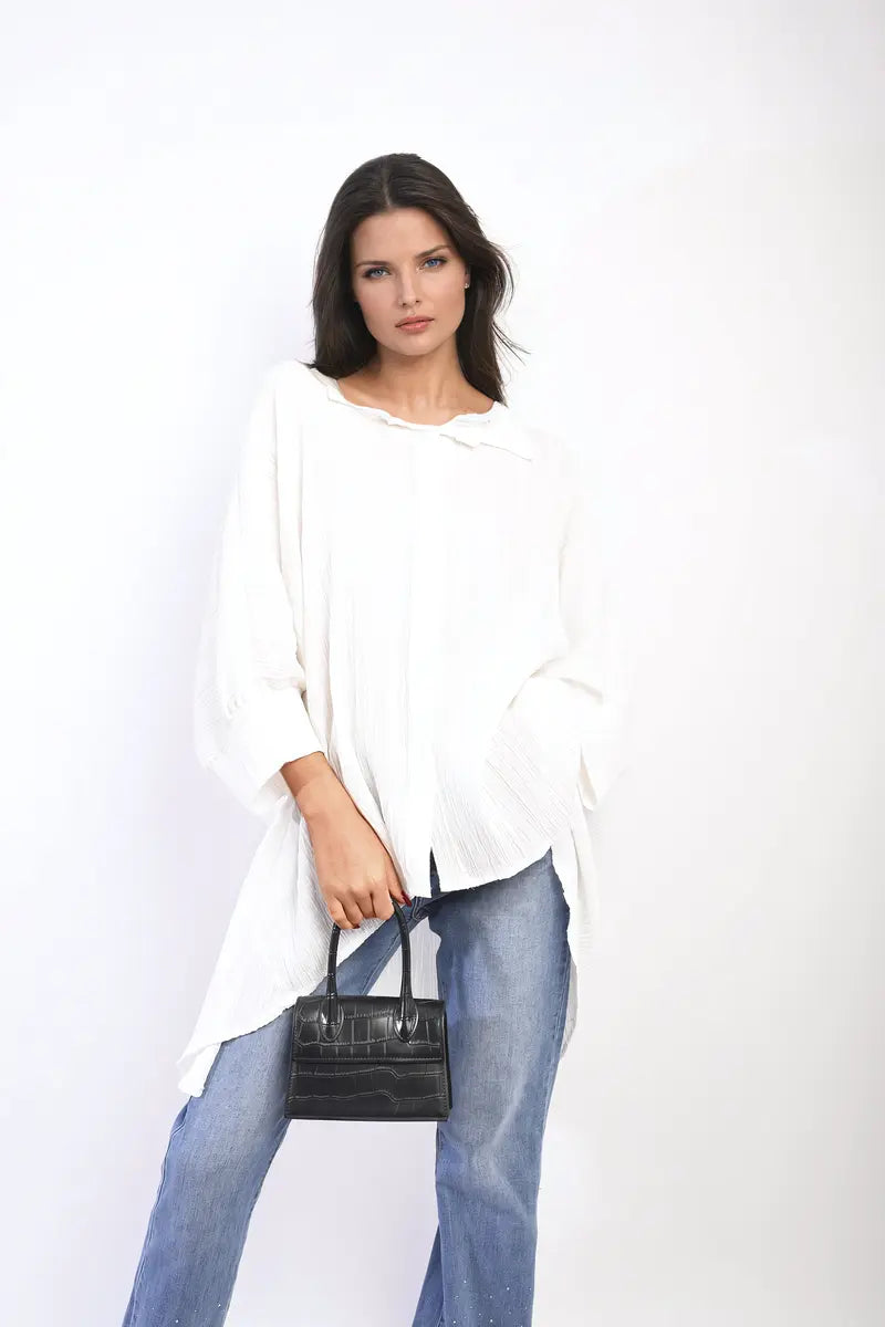 Oversized Long Sleeve Button Front Top - Memoriex 