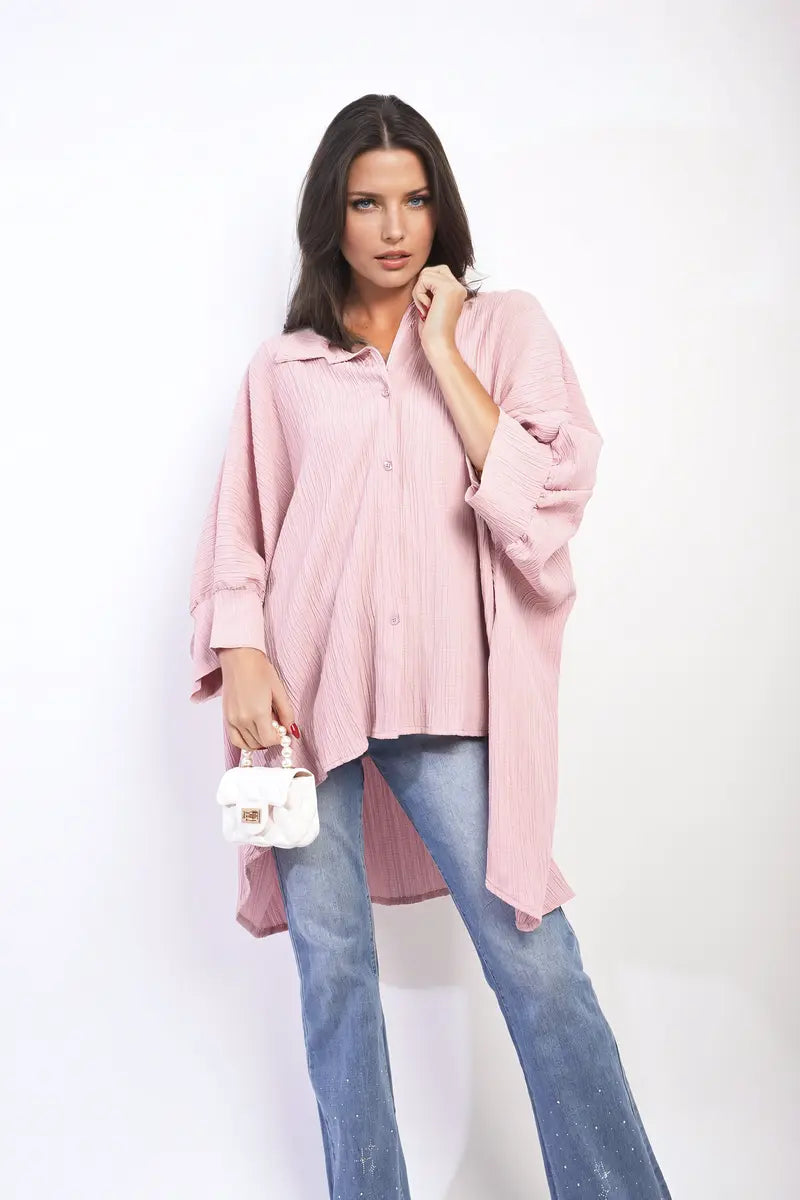 Oversized Long Sleeve Button Front Top - Memoriex 