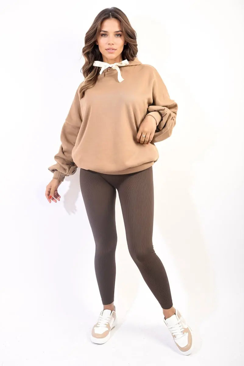 Oversized Ruched Sleeves Knitted Hoodie with Ribbon Detail-3