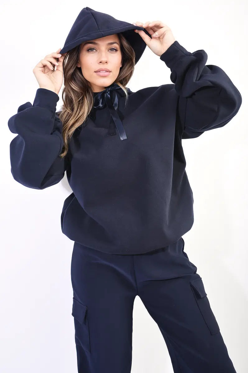 Oversized Ruched Sleeves Knitted Hoodie with Ribbon Detail-13