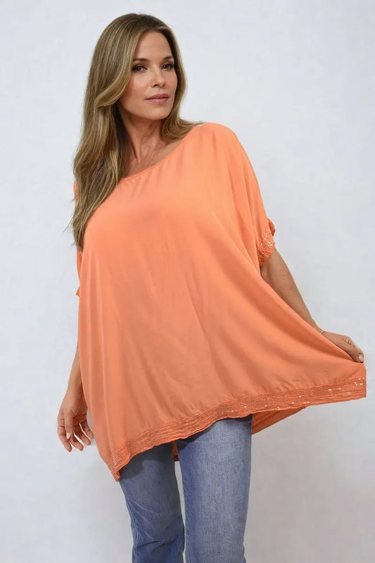 Oversized Sequin Hem Flare Sleeve Top - Memoriex 