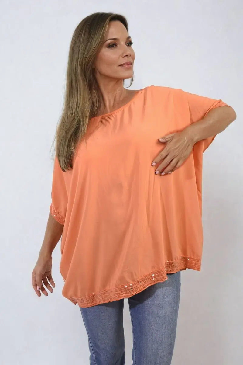 Oversized Sequin Hem Flare Sleeve Top - Memoriex 