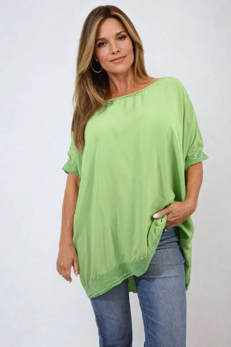 Oversized Sequin Hem Flare Sleeve Top - Memoriex 