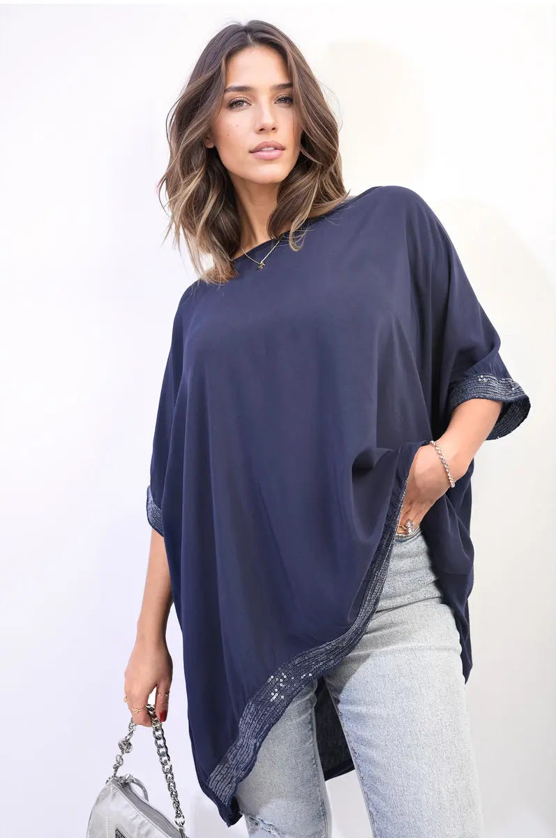 Oversized Sequin Hem Flare Sleeve Top - Memoriex 