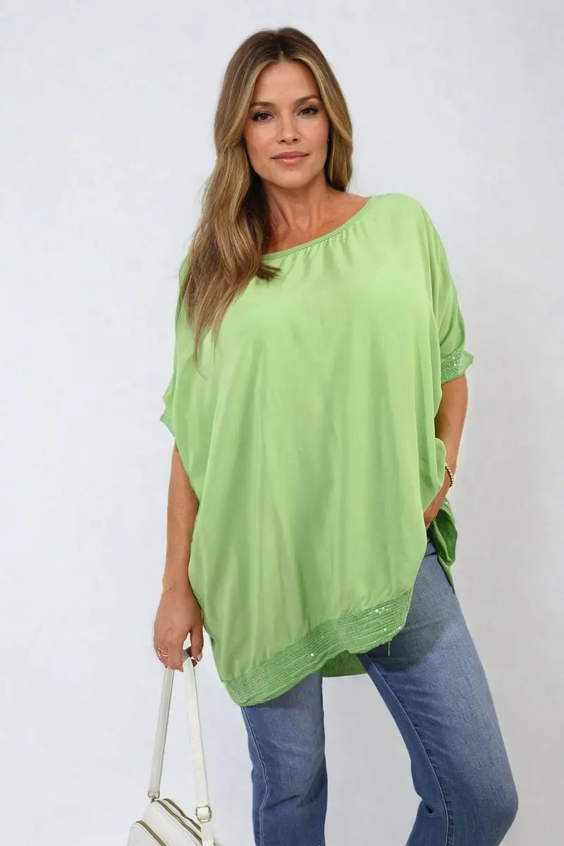 Oversized Sequin Hem Flare Sleeve Top - Memoriex 