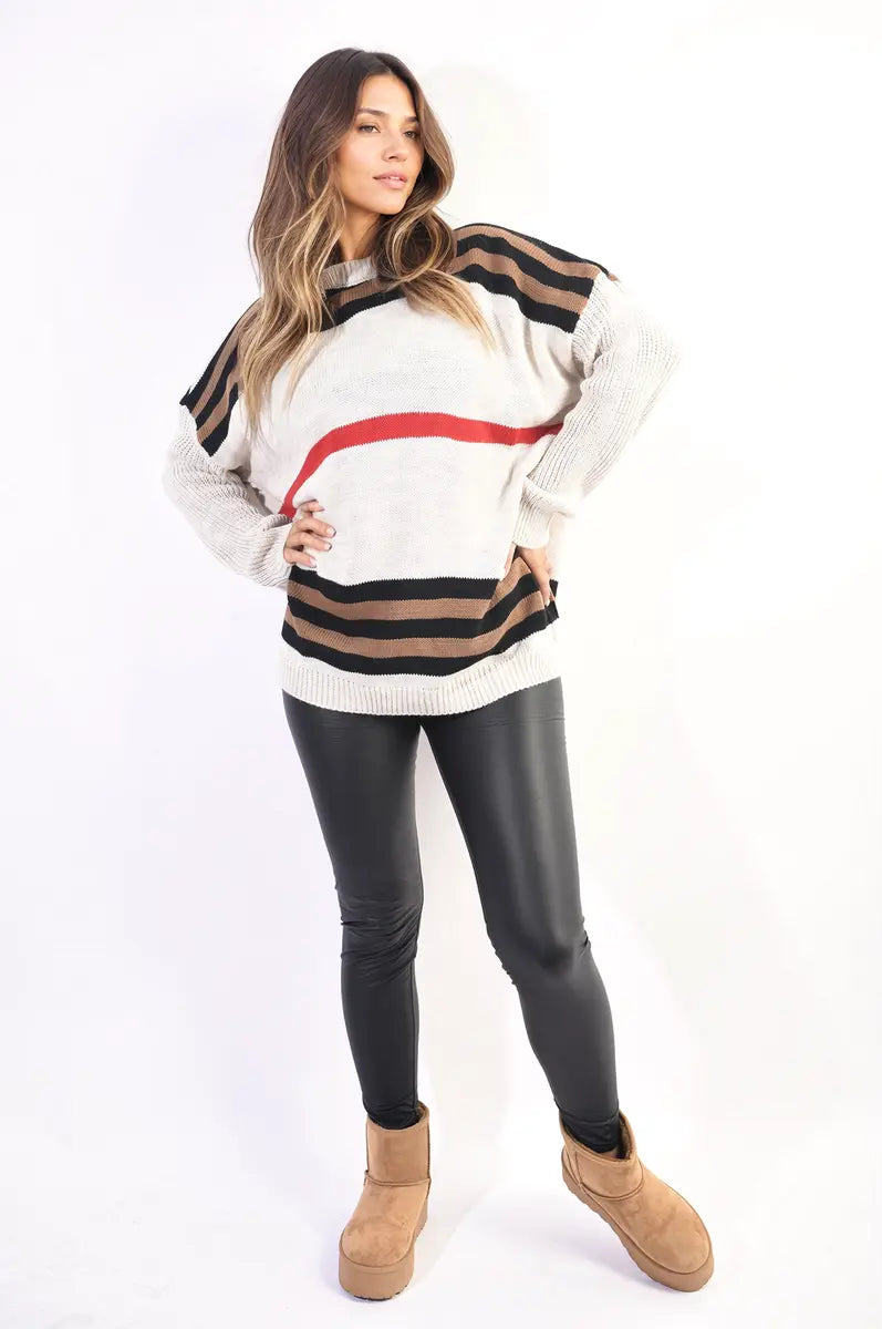 Oversized Striped Long Sleeve Knitted Jumper-5